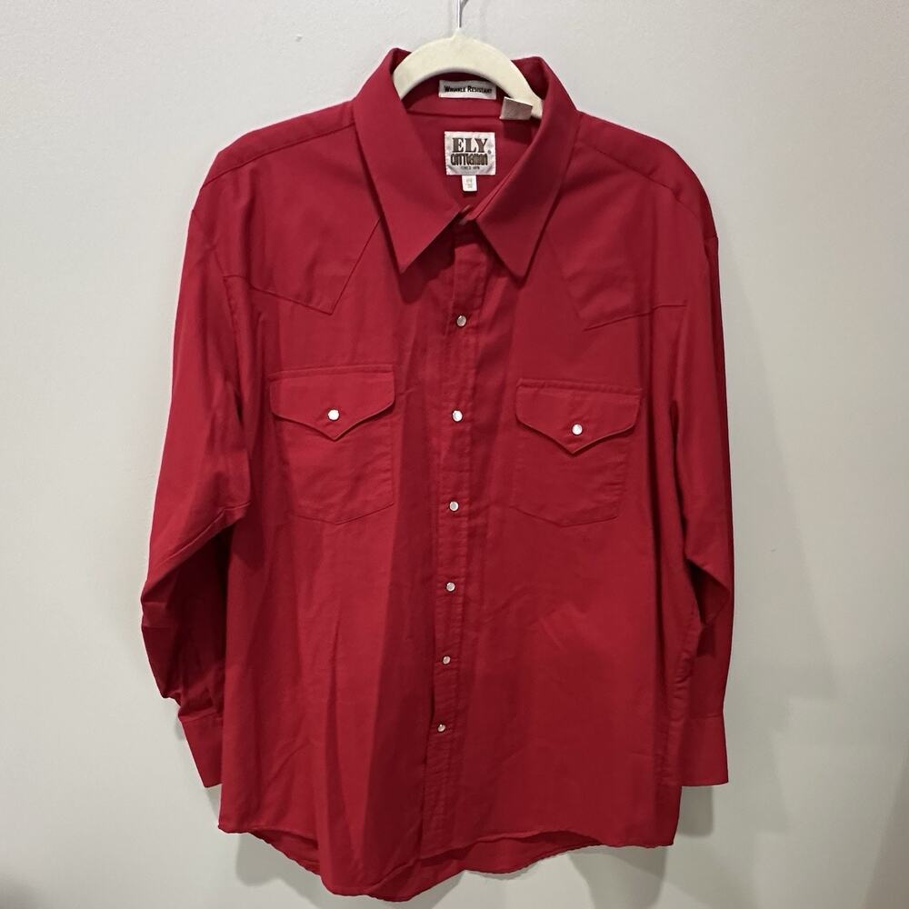 Ely Cattleman Shirt Mens X Large 17.5 Western Cowboy Rodeo Pearl Snap Red